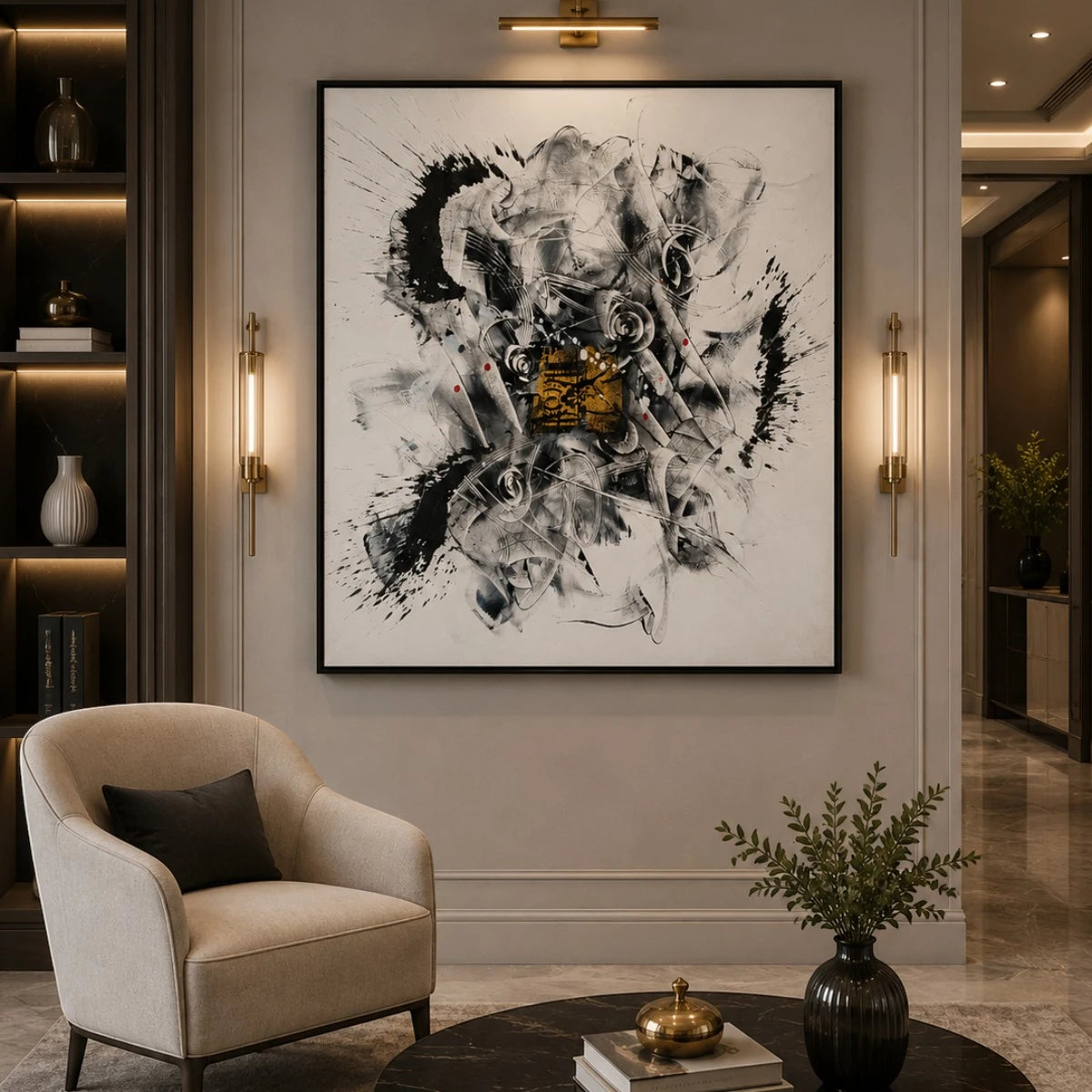 Modern abstract monochrome wall painting with expressive black brushstrokes and a textured gold focal accent