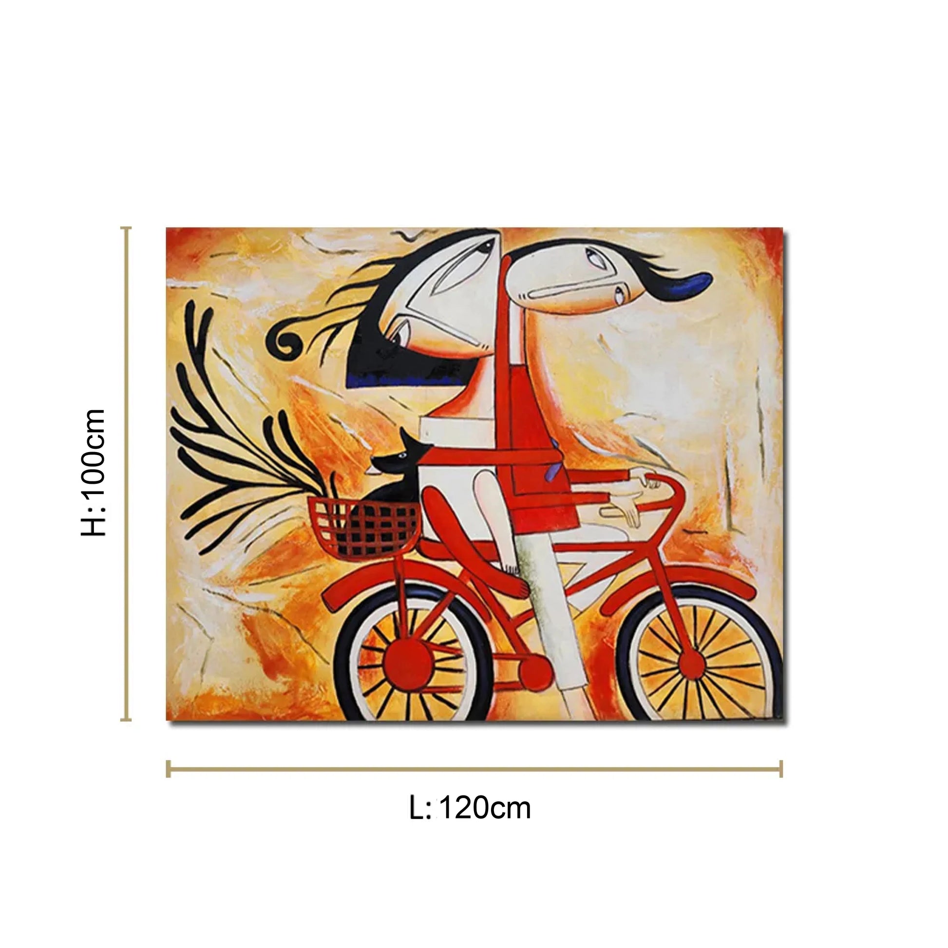 Abstract canvas painting featuring a whimsical couple riding a red bicycle with expressive faces and vibrant artistic details.