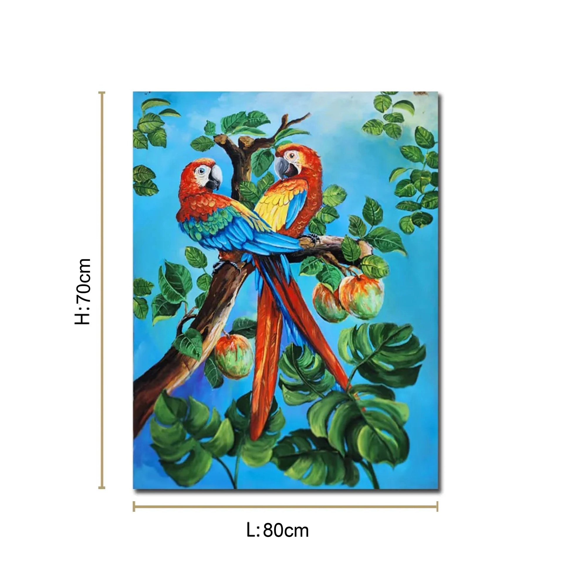 Luxury tropical bird canvas painting featuring two colorful parrots perched on a tree surrounded by lush green foliage.