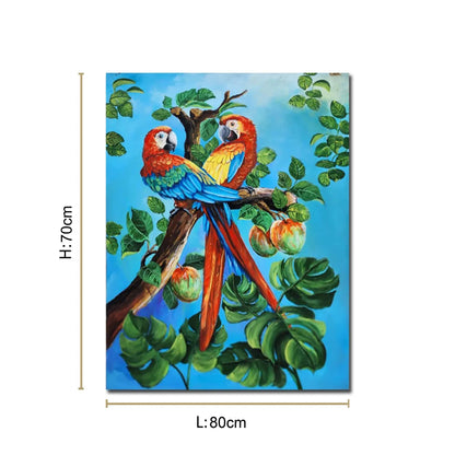 Luxury tropical bird canvas painting featuring two colorful parrots perched on a tree surrounded by lush green foliage.