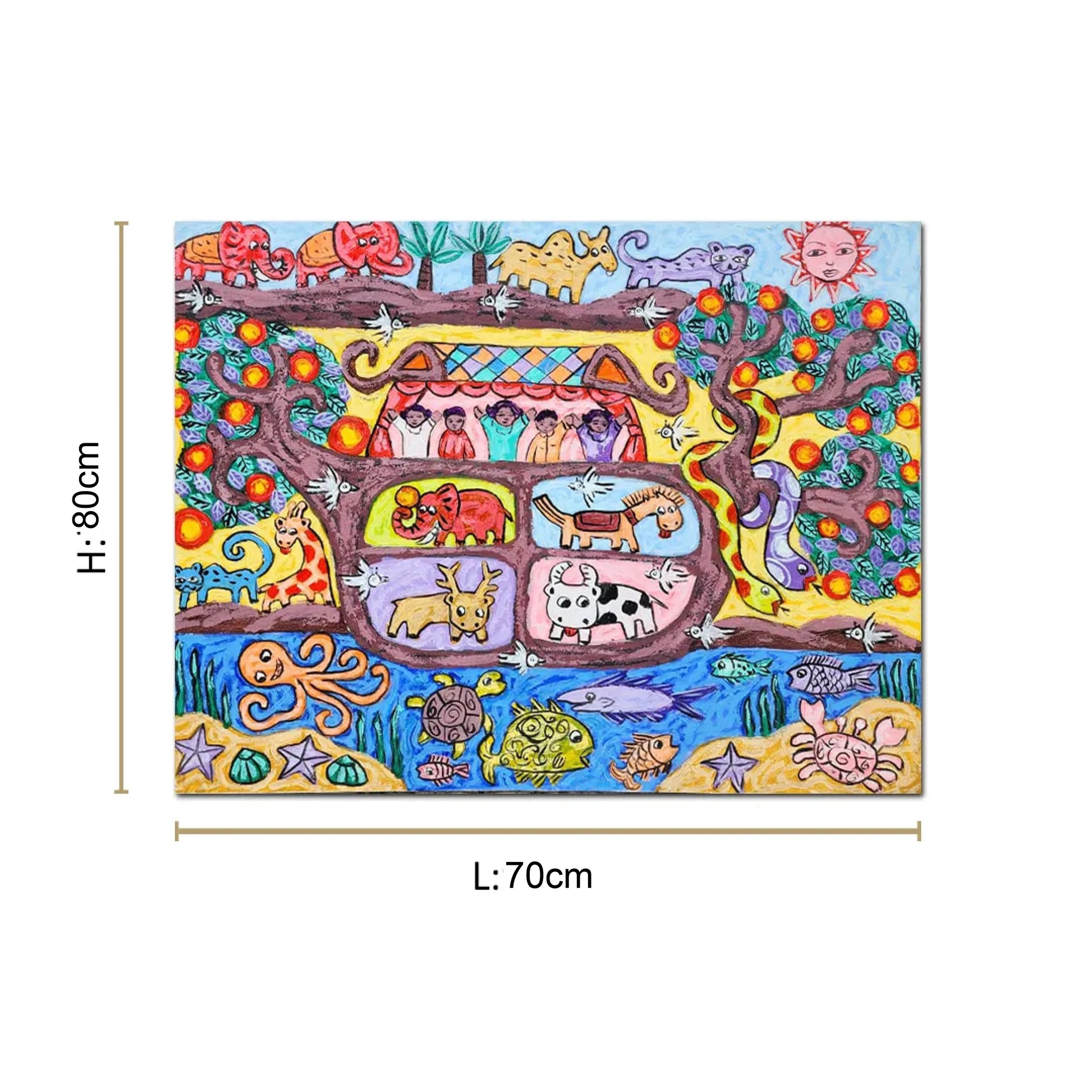 Colorful folk art canvas painting featuring wildlife, birds, marine life, trees, and whimsical nature-inspired storytelling.
