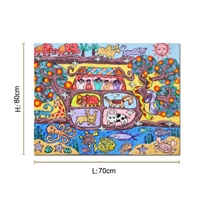 Colorful folk art canvas painting featuring wildlife, birds, marine life, trees, and whimsical nature-inspired storytelling.