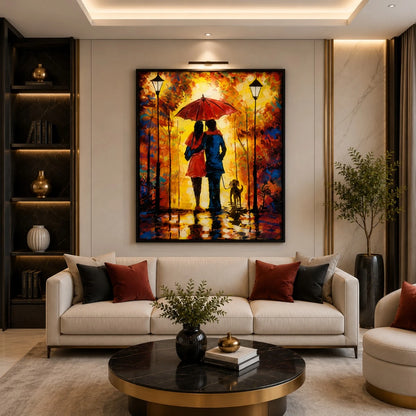 Colorful romantic couple wall painting with red umbrella, autumn pathway, street lamps, and dog artwork