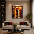 Colorful romantic couple wall painting with red umbrella, autumn pathway, street lamps, and dog artwork
