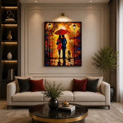 Colorful romantic couple wall painting with red umbrella, autumn pathway, street lamps, and dog artwork