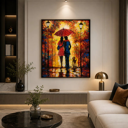 Colorful romantic couple wall painting with red umbrella, autumn pathway, street lamps, and dog artwork