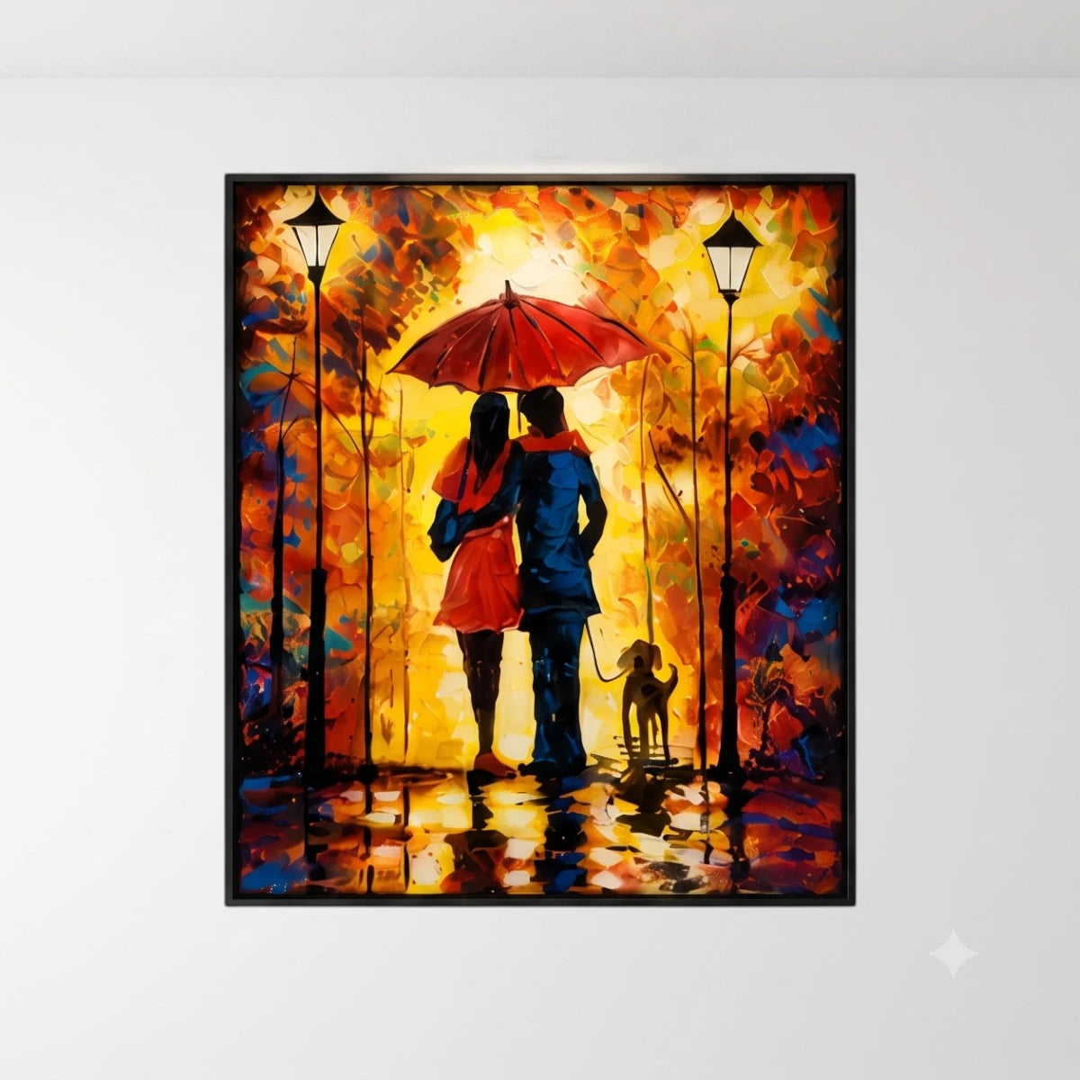 Colorful romantic couple wall painting with red umbrella, autumn pathway, street lamps, and dog artwork
