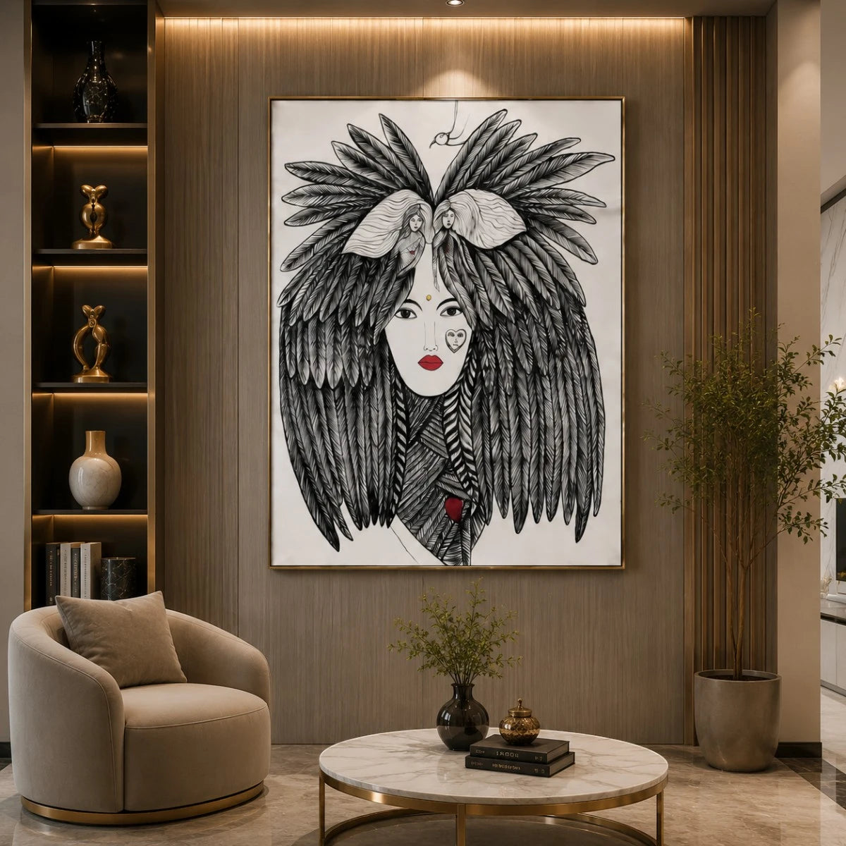 Abstract female face wall painting with feathered hair, monochrome detailing, and striking red accents