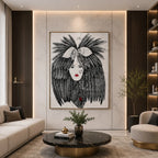 Abstract female face wall painting with feathered hair, monochrome detailing, and striking red accents