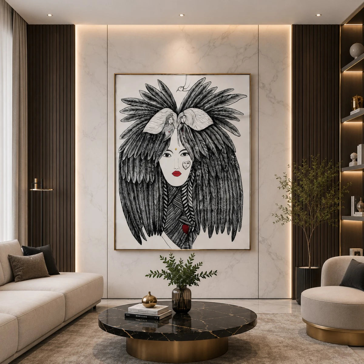 Abstract female face wall painting with feathered hair, monochrome detailing, and striking red accents