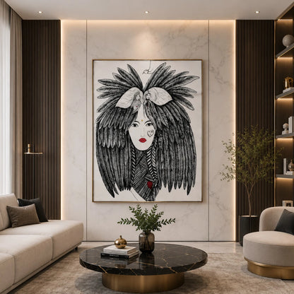 Abstract female face wall painting with feathered hair, monochrome detailing, and striking red accents