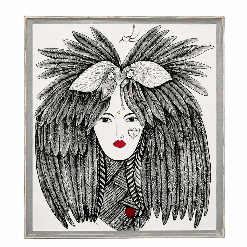 Abstract female face wall painting with feathered hair, monochrome detailing, and striking red accents