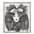 Abstract female face wall painting with feathered hair, monochrome detailing, and striking red accents