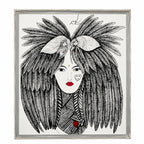 Abstract female face wall painting with feathered hair, monochrome detailing, and striking red accents