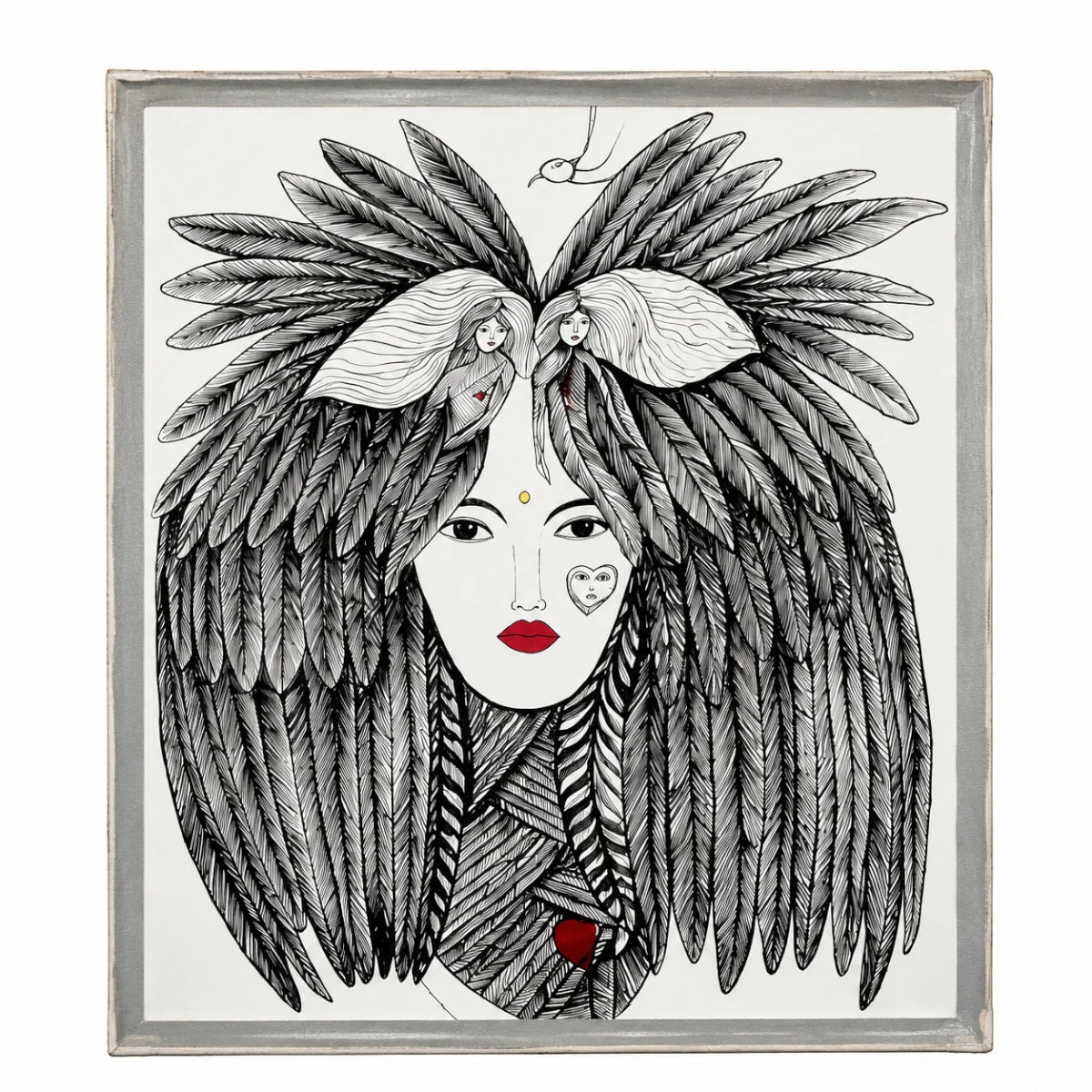 Abstract female face wall painting with feathered hair, monochrome detailing, and striking red accents