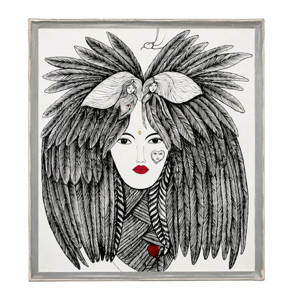 Abstract female face wall painting with feathered hair, monochrome detailing, and striking red accents