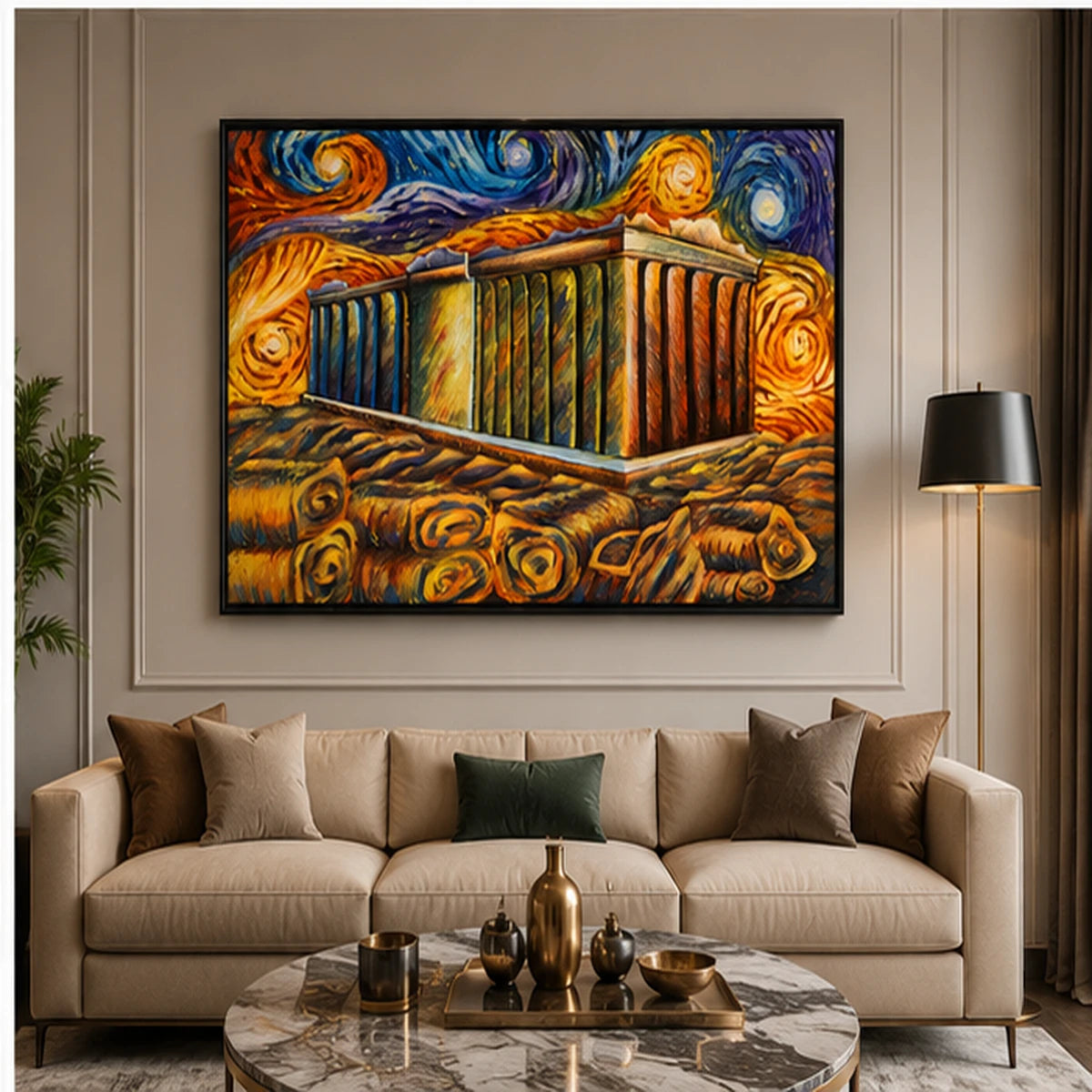 Modern abstract architectural wall painting with vibrant blue, gold, and orange swirling artistic details