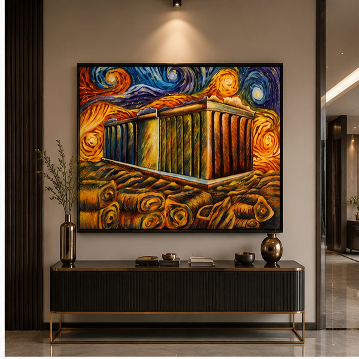 Modern abstract architectural wall painting with vibrant blue, gold, and orange swirling artistic details