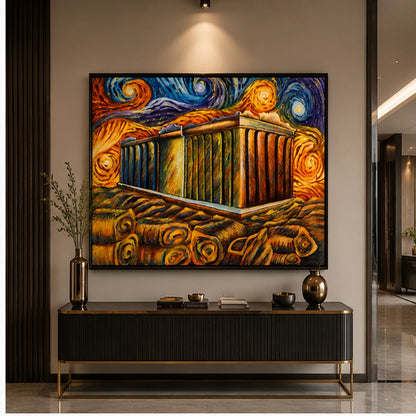Modern abstract architectural wall painting with vibrant blue, gold, and orange swirling artistic details