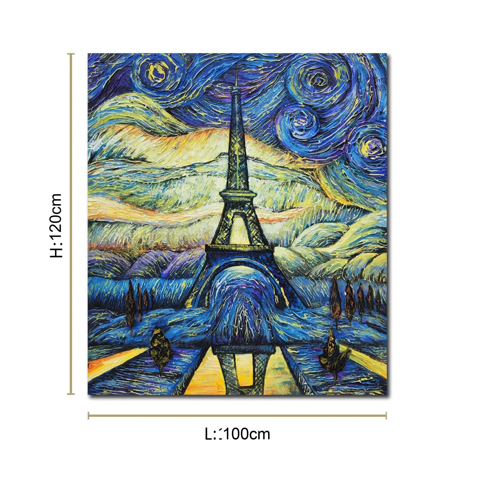 Paris canvas painting featuring the Eiffel Tower beneath a swirling starry sky in a vibrant impressionist style.