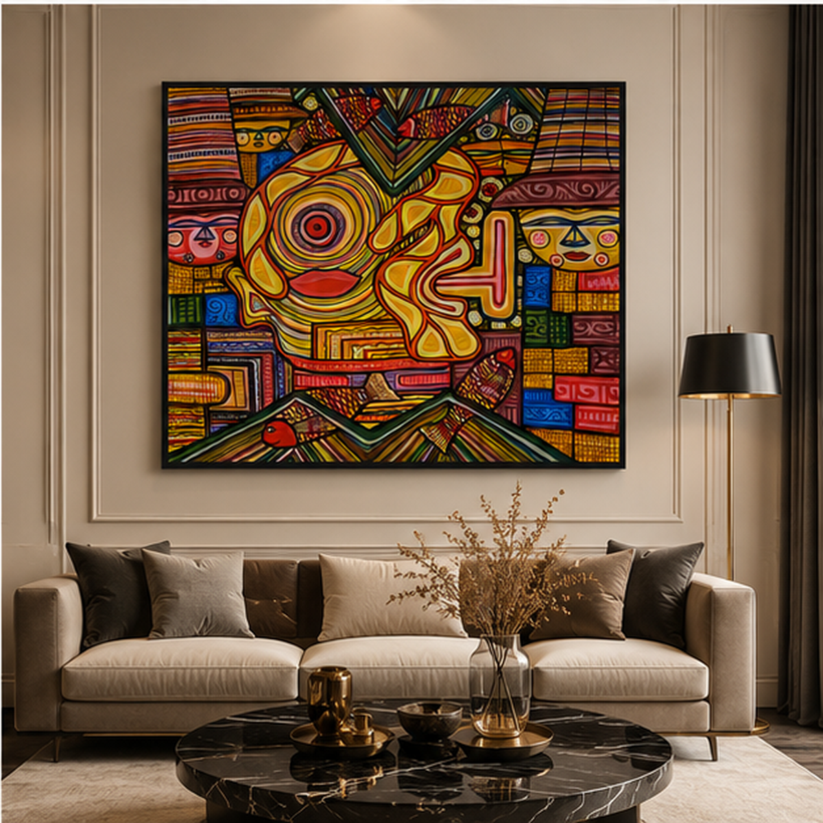 Colorful abstract tribal face wall painting with geometric patterns, fish motifs, and vibrant modern artwork
