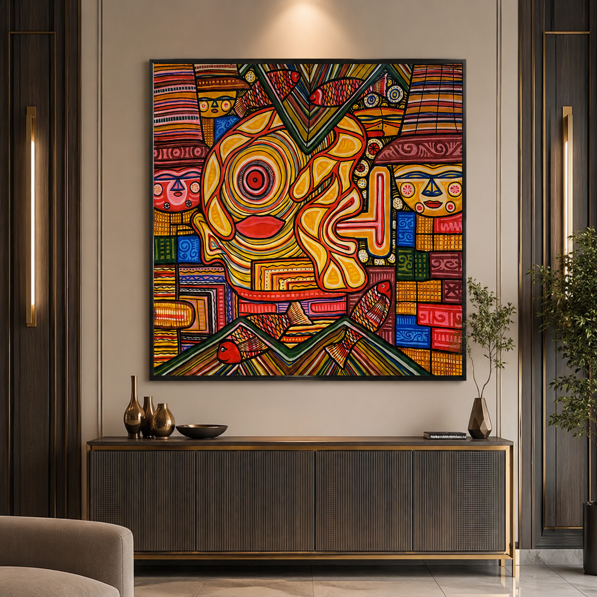 Colorful abstract tribal face wall painting with geometric patterns, fish motifs, and vibrant modern artwork