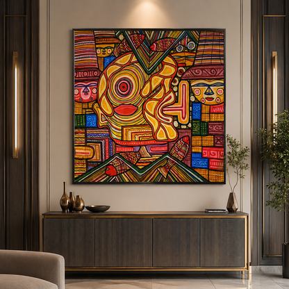 Colorful abstract tribal face wall painting with geometric patterns, fish motifs, and vibrant modern artwork