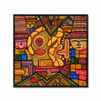 Colorful abstract tribal face wall painting with geometric patterns, fish motifs, and vibrant modern artwork