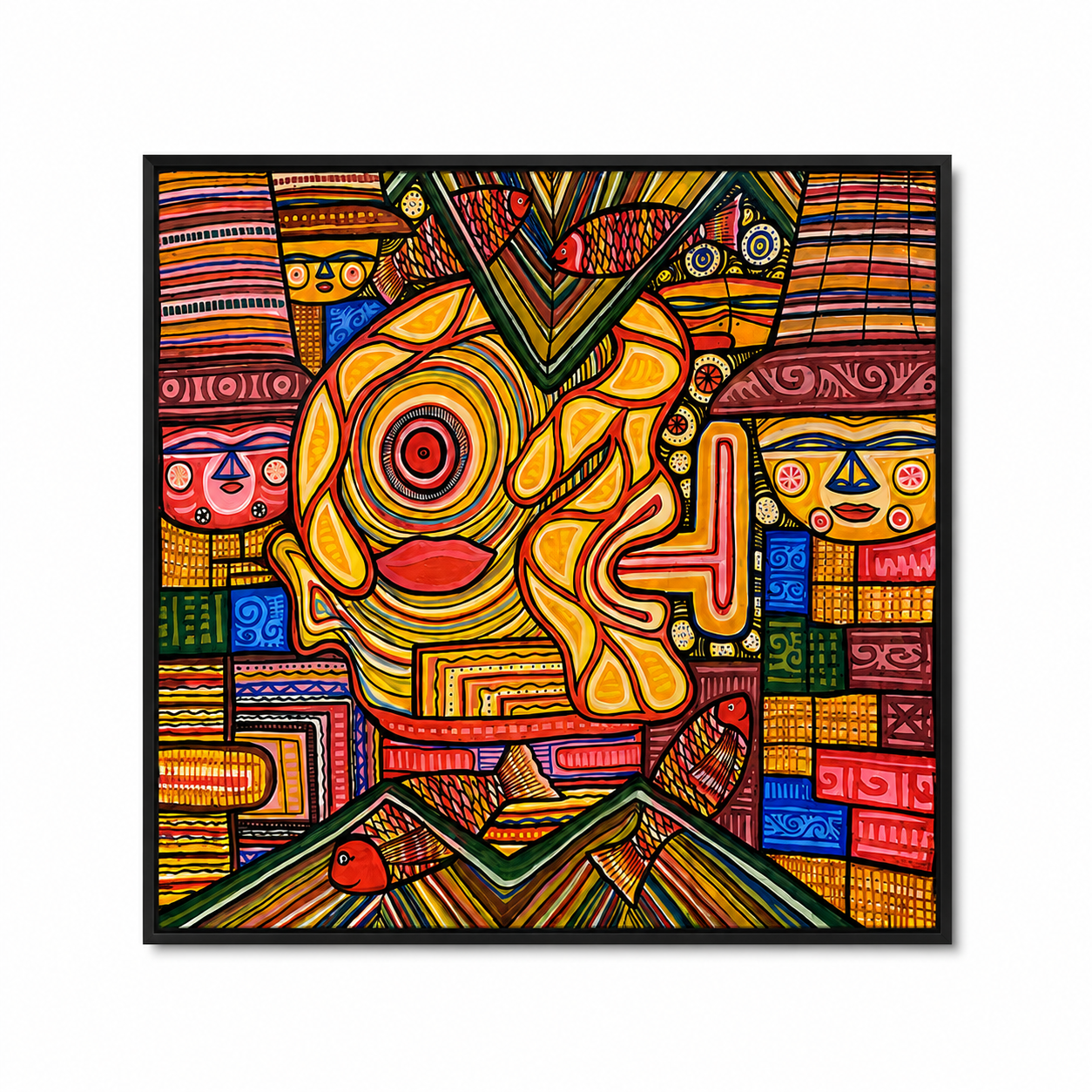 Colorful abstract tribal face wall painting with geometric patterns, fish motifs, and vibrant modern artwork