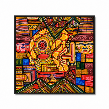 Colorful abstract tribal face wall painting with geometric patterns, fish motifs, and vibrant modern artwork