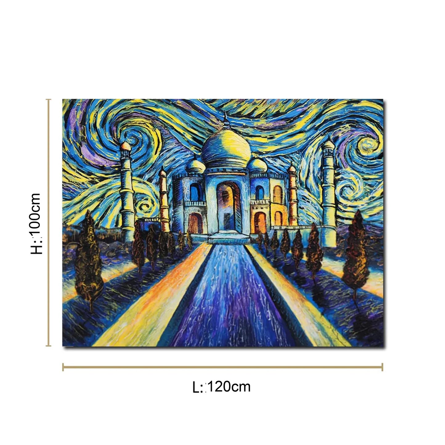 Taj Mahal canvas painting featuring a vibrant impressionist-style starry sky with expressive blue and golden brushstrokes.