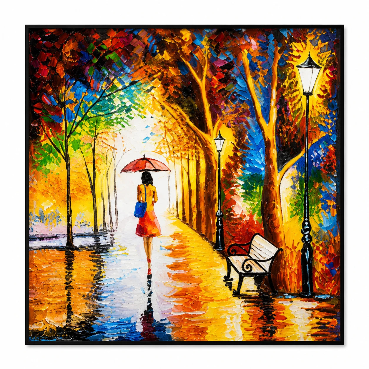 Colorful autumn park wall painting featuring a woman with a red umbrella, glowing trees, and street lamps
