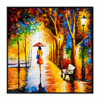 Colorful autumn park wall painting featuring a woman with a red umbrella, glowing trees, and street lamps