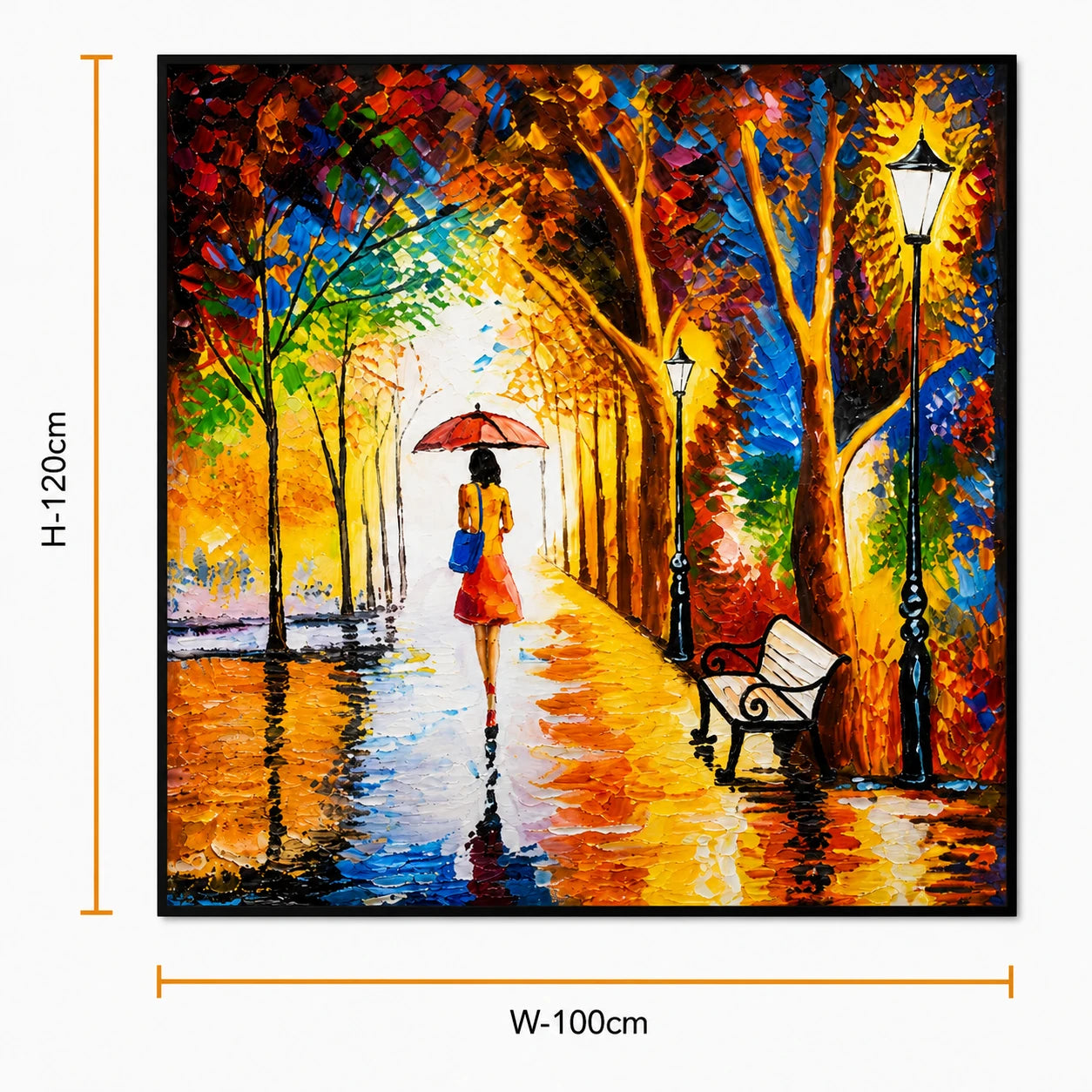 Colorful autumn park wall painting featuring a woman with a red umbrella, glowing trees, and street lamps