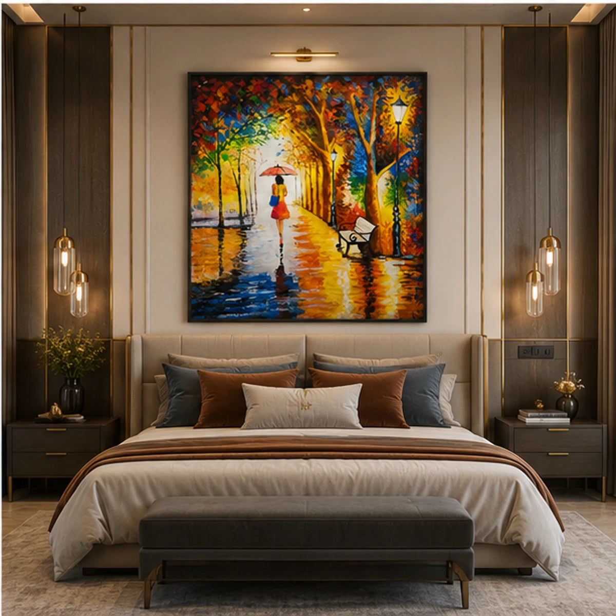 Colorful autumn park wall painting featuring a woman with a red umbrella, glowing trees, and street lamps