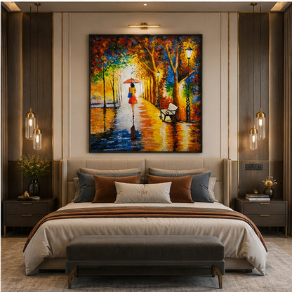 Colorful autumn park wall painting featuring a woman with a red umbrella, glowing trees, and street lamps