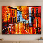 Colorful rainy street wall painting with vibrant buildings, umbrellas, autumn trees, and reflective pathways