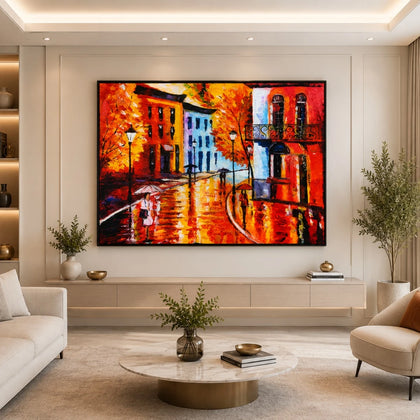 Colorful rainy street wall painting with vibrant buildings, umbrellas, autumn trees, and reflective pathways