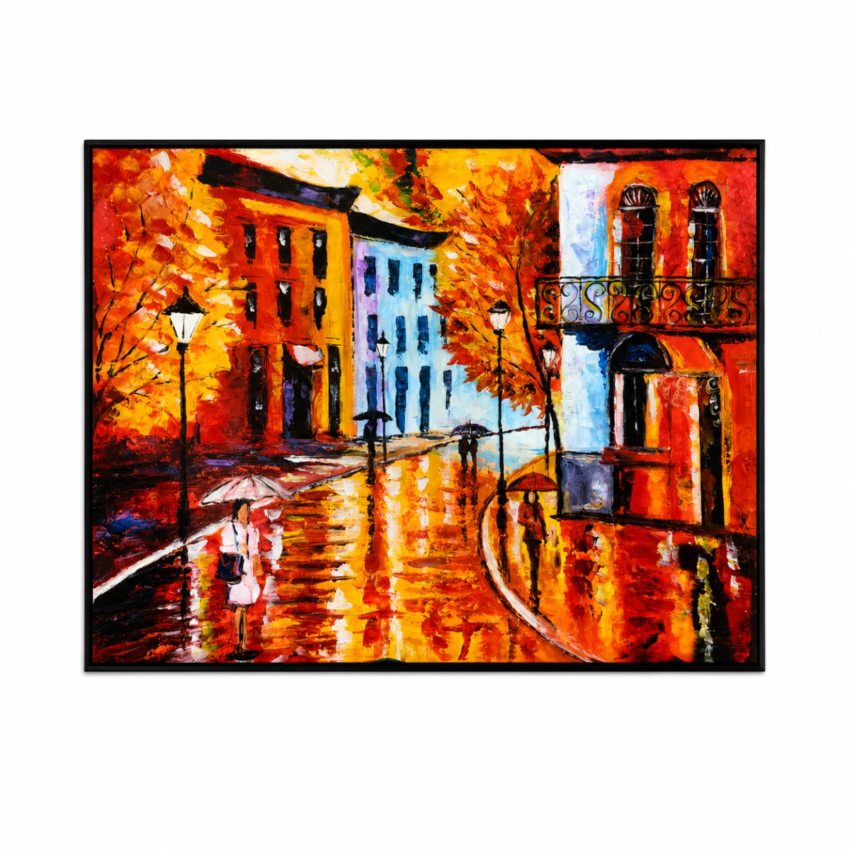Colorful rainy street wall painting with vibrant buildings, umbrellas, autumn trees, and reflective pathways