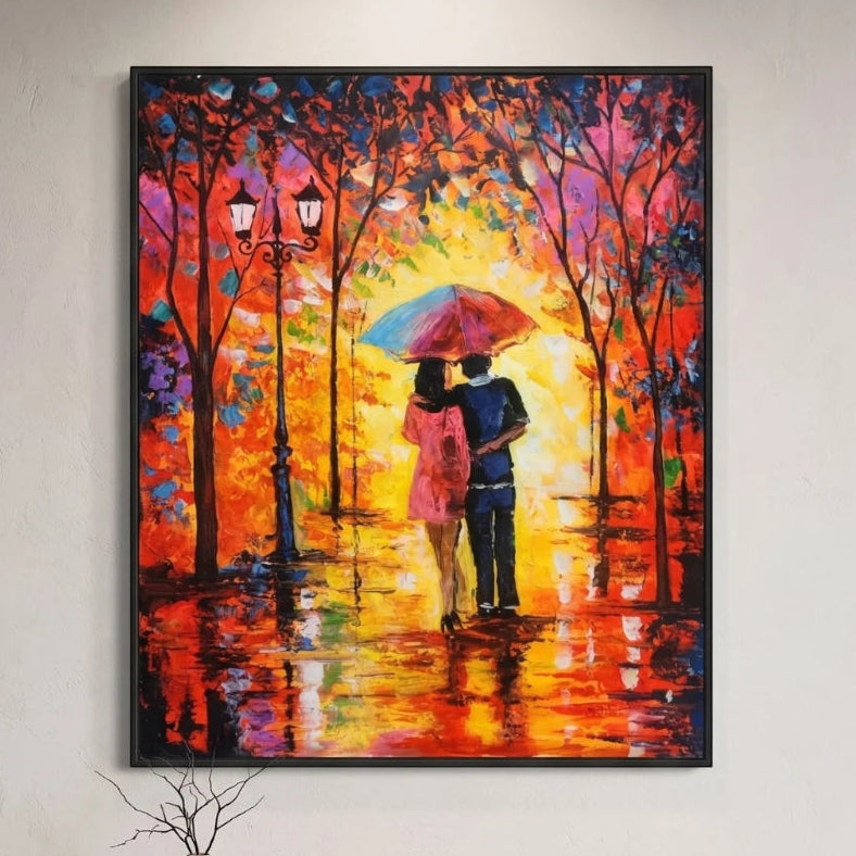 Romantic couple wall painting under a colorful umbrella with glowing autumn trees and reflective pathway