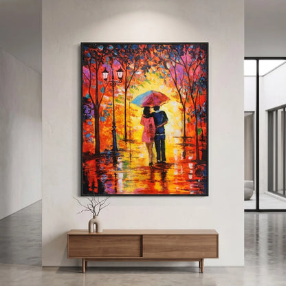 Romantic couple wall painting under a colorful umbrella with glowing autumn trees and reflective pathway
