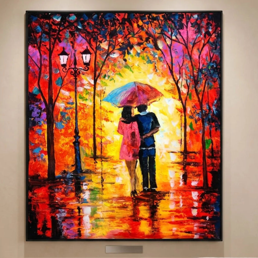 Romantic couple wall painting under a colorful umbrella with glowing autumn trees and reflective pathway
