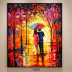 Romantic couple wall painting under a colorful umbrella with glowing autumn trees and reflective pathway