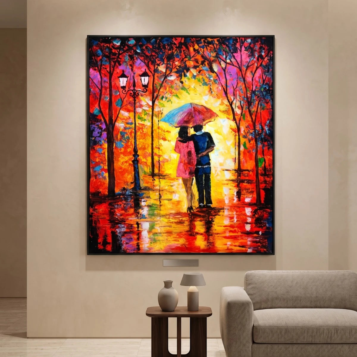 Romantic couple wall painting under a colorful umbrella with glowing autumn trees and reflective pathway