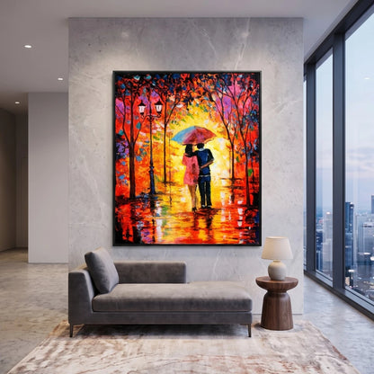 Romantic couple wall painting under a colorful umbrella with glowing autumn trees and reflective pathway