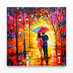 Romantic couple wall painting under a colorful umbrella with glowing autumn trees and reflective pathway