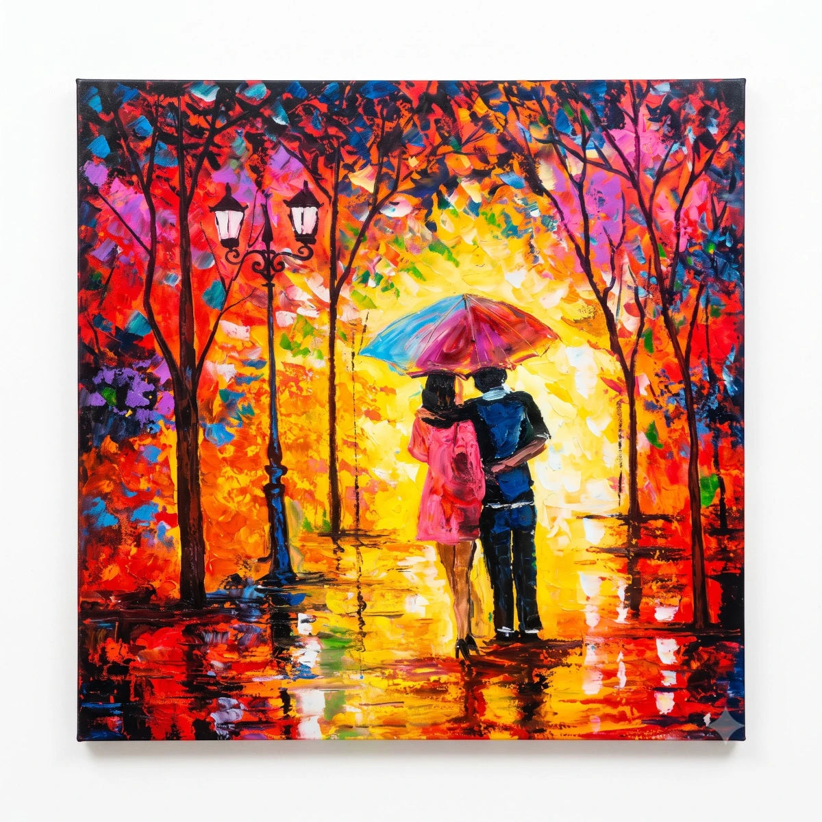 Romantic couple wall painting under a colorful umbrella with glowing autumn trees and reflective pathway