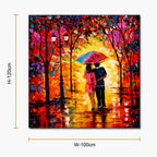 Romantic couple wall painting under a colorful umbrella with glowing autumn trees and reflective pathway