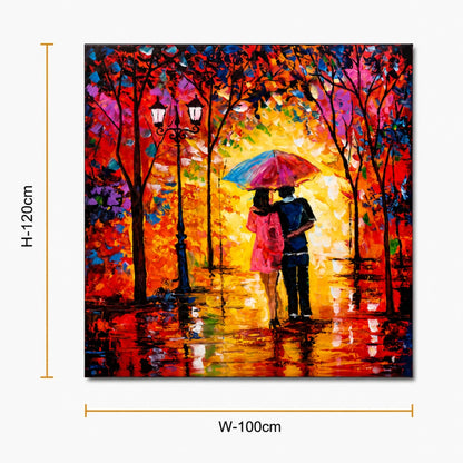 Romantic couple wall painting under a colorful umbrella with glowing autumn trees and reflective pathway