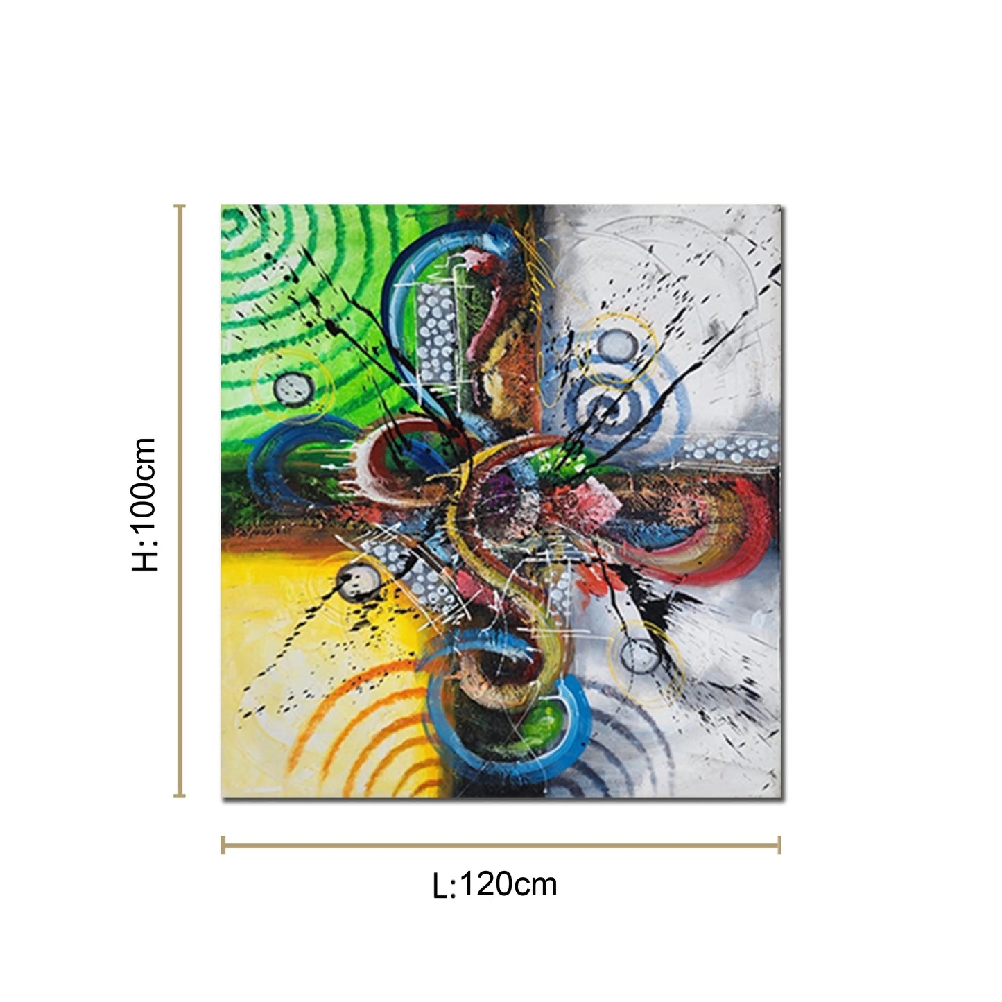 Luxury abstract canvas wall painting featuring vibrant geometric forms, colorful circular patterns, and expressive contemporary brushstrokes on premium canvas.